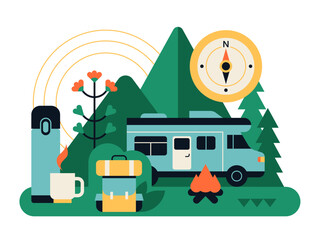 Forest campsite - colorful flat design style illustration