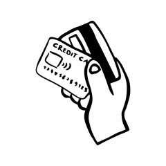 A hand holds credit cards, doodle sketch drawing, vector illustration, black line on a white background, isolated