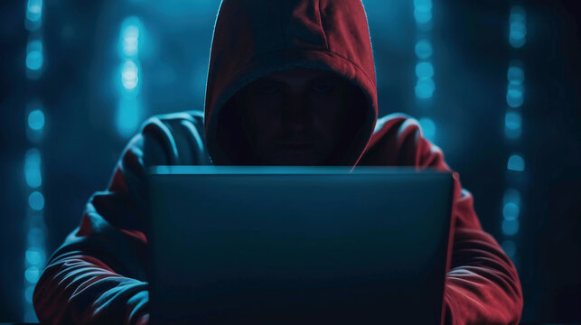 Cybersecurity threat, person behind laptop, virtual data interface, warning signs, computer virus, phishing scam, data theft, dark web, internet crime, digital danger - Powered by Adobe