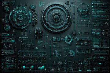 Futuristic digital dashboard with many displays