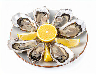 oysters with lemon on a plate isolated on a white background