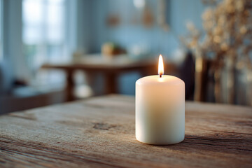Single white candle on wooden table