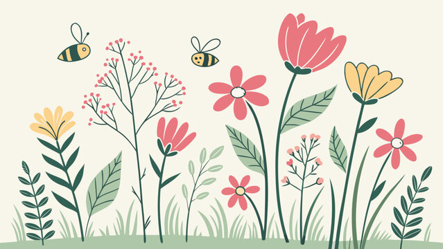 Hand-Drawn Floral Elements &ndash; Crayon and Watercolor Spring Flower Set

