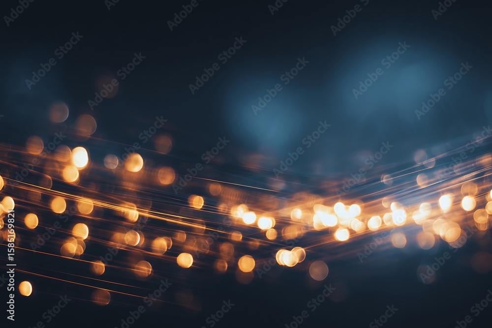 Poster abstract background with golden bokeh lights and flowing threads creating a clean and light visual e