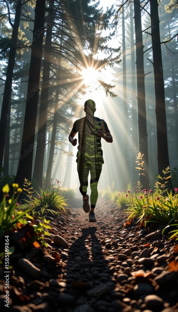 Poster runner in a forest with sun rays shining through trees.