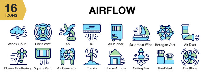 Airflow flat icon set. Includes airflow, air, ventilation, wind, breeze, and More. Flat icons vector collection.