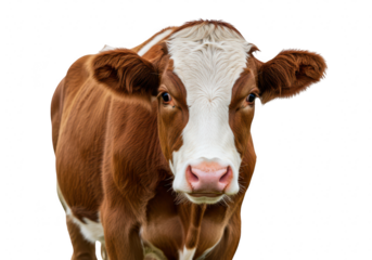 A brown and white cow with a gentle expression looks directly at the camera isolated on transparent background