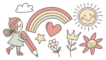 Childlike Crayon Icon Set – Hand-Drawn Pencil Doodle Illustrations

