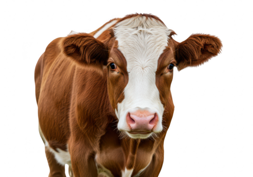 A brown and white cow with a gentle expression looks directly at the camera isolated on transparent background