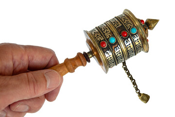 Buddhist Scripture Wheel, hand held spinning Prayer Wheel. The cylinder turn around a handle with a...