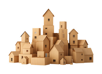 Cardboard house model made of multiple cardboard boxes isolated on a transparent background
