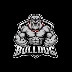 Adobe illustrator artwork of a strong, vibrant bulldog mascot logo with powerful muscles and a fierce expression, perfect for e-sports teams, gaming, or a bold brand identity