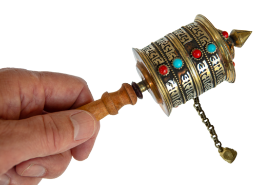 Buddhist Scripture Wheel, hand held spinning Prayer Wheel. The cylinder turn around a handle with a slight rotation of the wrist. Image isolated on white transparent background.