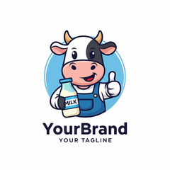 Adobe illustrator artwork of a cute and cheerful cow mascot logo with a thumbs-up, happily holding a milk bottle, perfect for dairy product or beverage branding