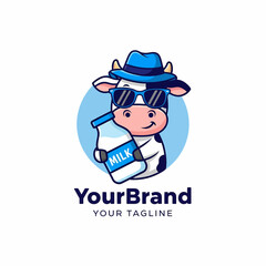 Adobe illustrator artwork of a cool, vibrant cow mascot logo wearing sunglasses and a cap, cheerfully holding a milk bottle, perfect for dairy product or beverage branding