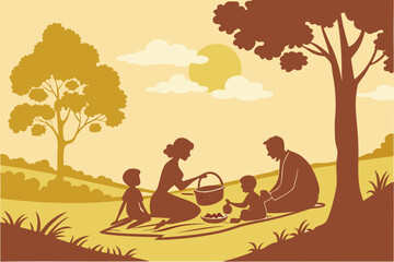 Silhouette of a family picnicking under trees with a basket and sun in a serene landscape. Perfect for family, nature, or outdoor-themed designs.