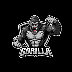 Adobe illustrator artwork of a strong, vibrant gorilla mascot logo with an aggressive pose and red eyes, perfect for e-sports, gaming, or powerful, dominant brand imagery