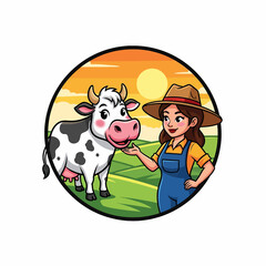 Adobe illustrator artwork of a cute and cheerful cow mascot logo character with a bell, standing happily on a grassy patch under a warm sun, ideal for dairy farm branding