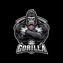Adobe illustrator artwork of a strong, vibrant gorilla mascot logo with an aggressive pose and red eyes, perfect for e-sports, gaming, or powerful, dominant brand imagery
