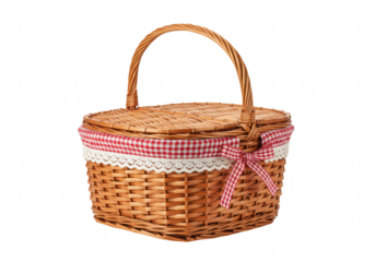 A charming wicker picnic basket with a red and white checked fabric lining and a decorative bow, isolated on a transparent background