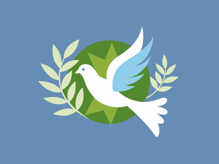 Fototapeta premium White dove with blue wings flies with olive branches and green circle