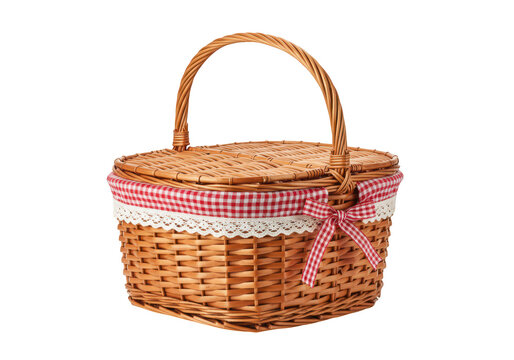 A charming wicker picnic basket with a red and white checked fabric lining and a decorative bow, isolated on a transparent background