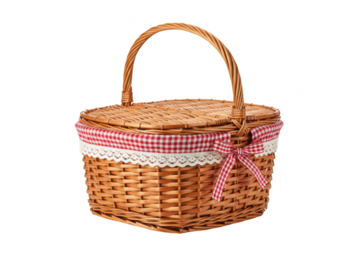 A charming wicker picnic basket with a red and white checked fabric lining and a decorative bow, isolated on a transparent background