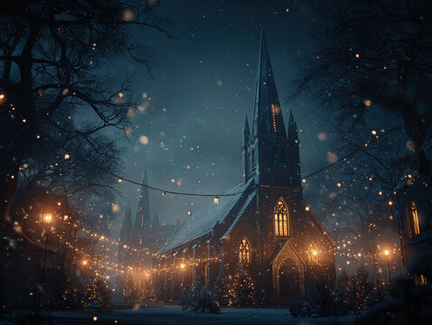 Christmas Eve at a Gothic Church with String Lights