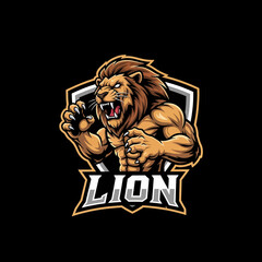 Adobe illustrator artwork of a majestic and powerful lion mascot logo with a fierce expression and muscular build, perfect for sports teams, e-sports gaming, or strong brand identities