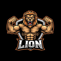 Adobe illustrator artwork of a majestic and powerful lion mascot logo with a fierce expression and muscular build, perfect for sports teams, e-sports gaming, or strong brand identities
