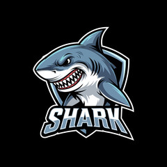 Adobe illustrator artwork of a powerful, vibrant shark mascot logo with muscular arms and an aggressive expression, perfect for e-sports teams, gaming, or strong brand identity in aquatic themes