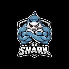 Adobe illustrator artwork of a powerful, vibrant shark mascot logo with muscular arms and an aggressive expression, perfect for e-sports teams, gaming, or strong brand identity in aquatic themes