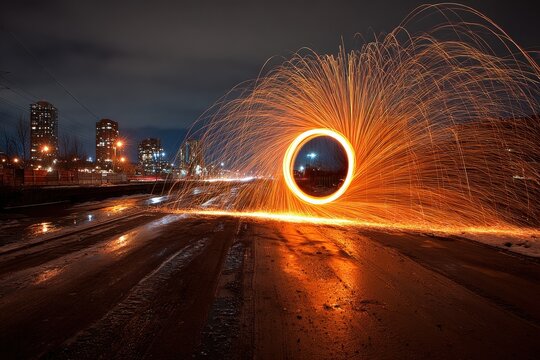 Long Exposure of Sparks Creating a Fiery Circle at Night near Urban Skyline