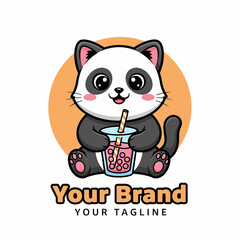 Adobe illustrator artwork of a cute and vibrant cat mascot logo character sitting and drinking bubble tea, perfect for playful branding related to beverages or dairy products