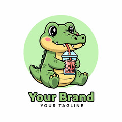 Adobe illustrator artwork of a cute and vibrant crocodile mascot logo character sitting and drinking bubble tea, perfect for playful branding related to beverages or dairy products