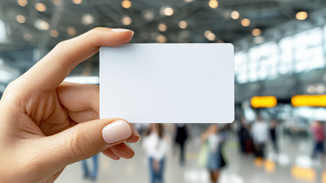 Blank Credit Card Template Held by Hand in Airport Setting with Bokeh Background and Unfocused Passengers in Motion