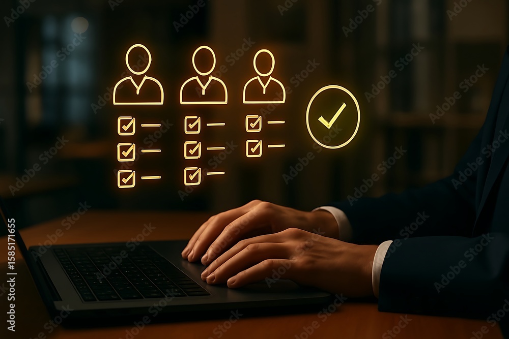 Poster hands typing on a laptop with checklist icons and a checkmark representing business tasks and goals