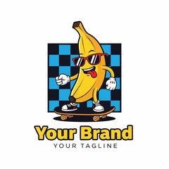Adobe illustrator artwork of a cool, vibrant, and fun banana mascot logo character with sunglasses and a skateboard, pointing up cheerfully, ideal for playful brands and summer concepts