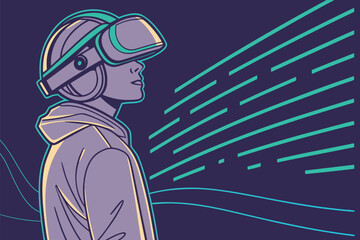 Person wearing vr headset looking at virtual reality lines in a dark purple and blue color scheme art