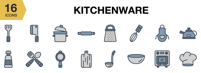 Kitchenware flat icon set. Includes kitchenware, utensil, cookware, pan, and More. Flat icons vector collection.