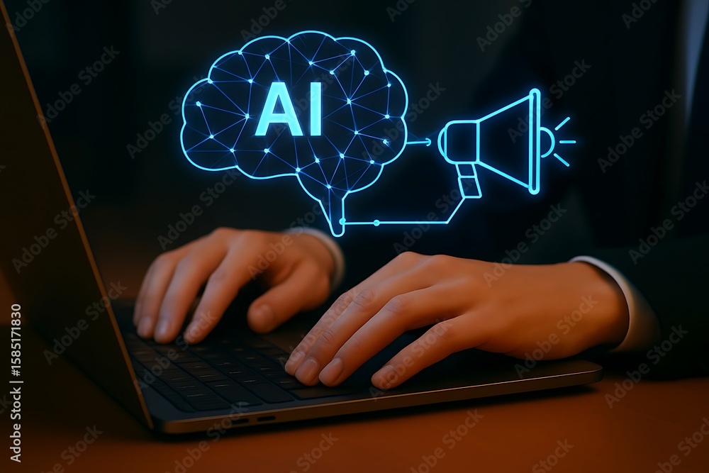 Poster hands typing on a laptop with an ai brain and megaphone representing artificial intelligence and mar