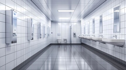 Sterile public restroom with tiled walls, multiple sinks, hand dryers, and reflective floor