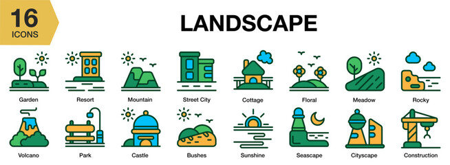 Landscaping flat icon set. Includes landscaping, garden, lawn, outdoor, and More. Flat icons vector collection.