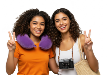 Two happy young women with travel accessories, making peace signs and smiling, isolated on a transparent background