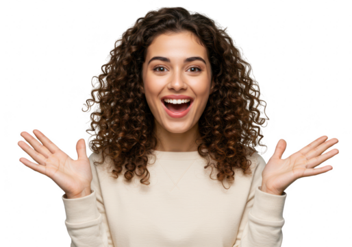 A joyful young woman with curly hair smiles widely with her hands open, expressing excitement on a transparent background - Powered by Adobe