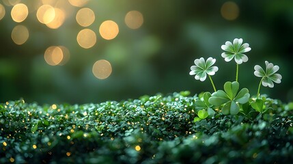 Delicate clovers in a lush green meadow with dew kissed leaves and a magical bokeh backdrop