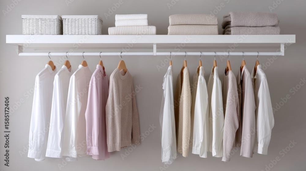 Poster neatly organized wardrobe displaying a variety of shirts and folded towels in soft neutral tones on 