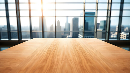 Fototapeta premium Modern office table with city skyline view