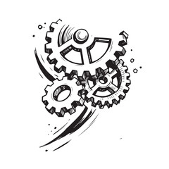 Fototapeta premium Interlocking gears with dynamic brush strokes and scattered dots machinery mechanical