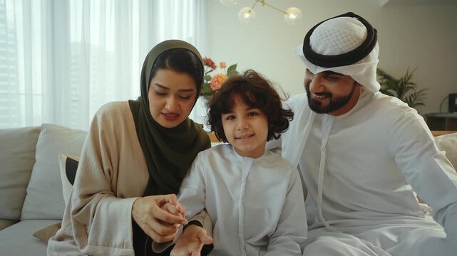 Arab family, father, mother, and son, pose together on a sofa in their modern living room, creating a heartwarming portrait of family unity